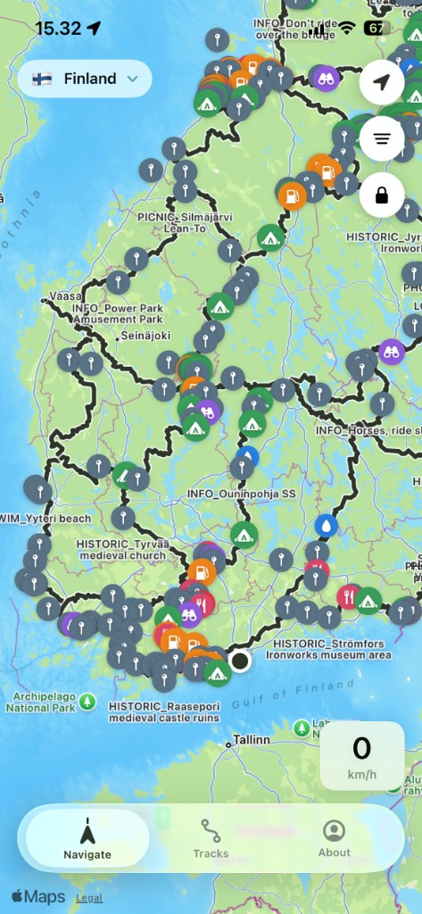 GPX Tracker navigating a Trans Euro Trail GPX across Finland